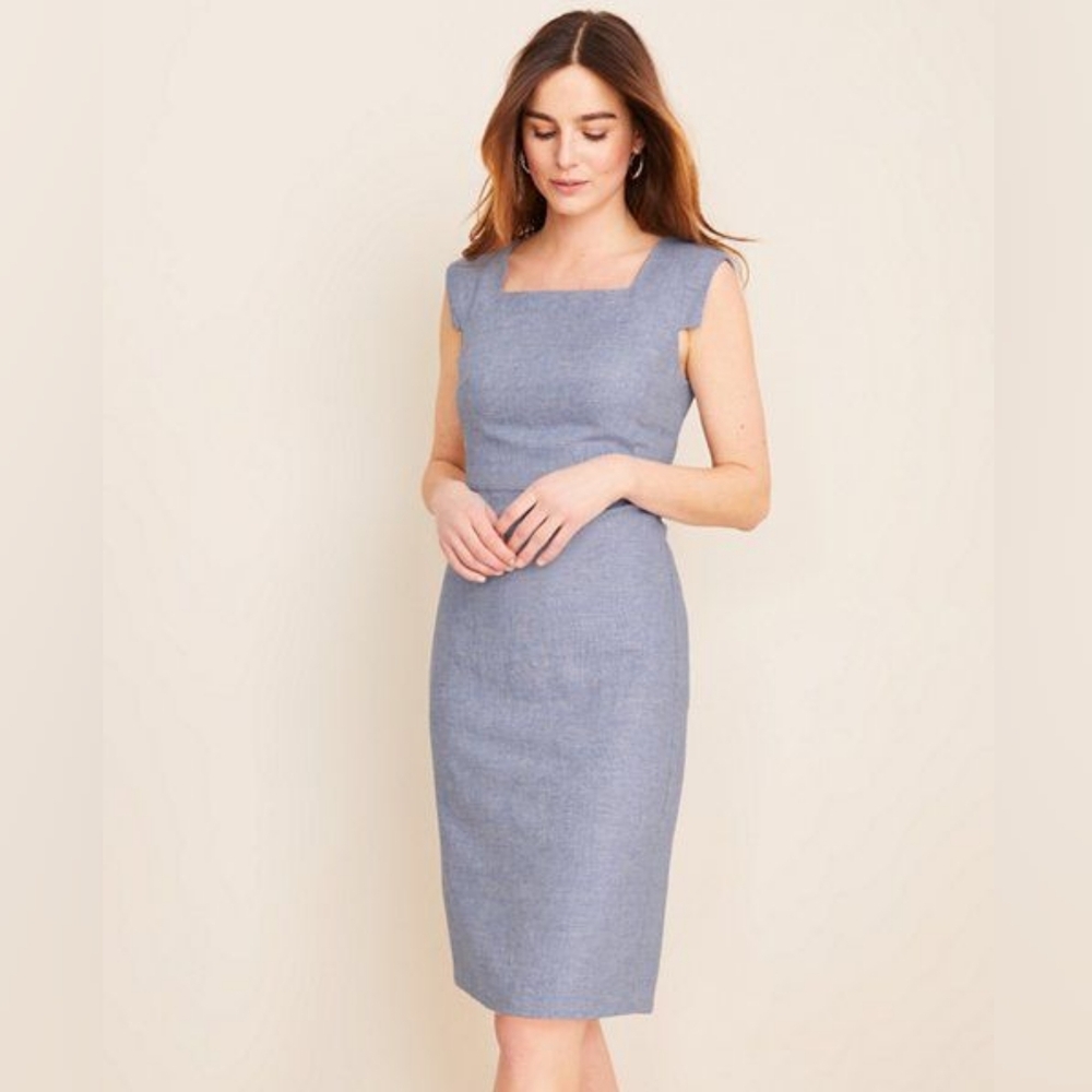 Ann Taylor Blue Linen Square Neck Sheath Dress, 4P